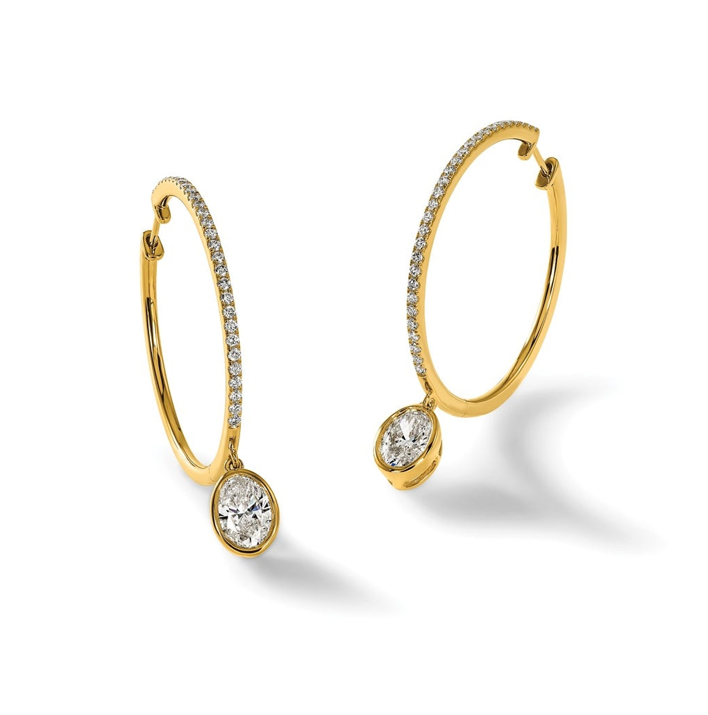 14K Yellow Gold Certified Oval Bezel Dangle Lab Grown Diamond VS+ F+ Hoop Earrings