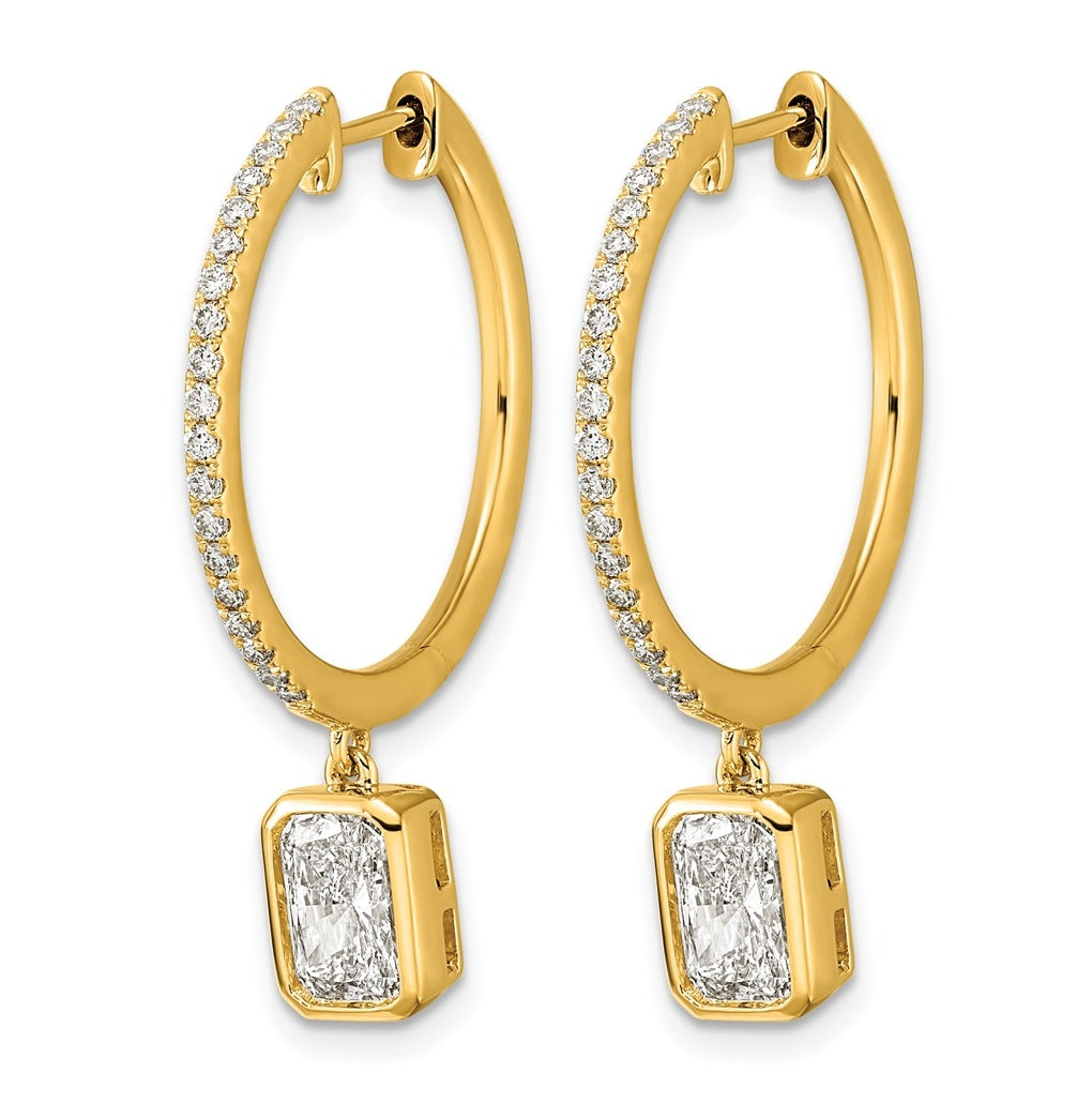 14K Yellow Gold Certified Emerald Bezel Dangle Lab Grown Diamond VS+ F+ Hoop Earrings