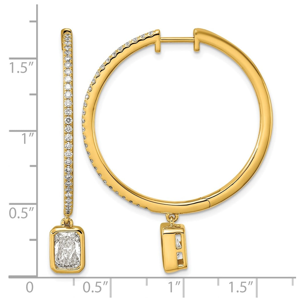 14K Yellow Gold Certified Emerald Bezel Dangle Lab Grown Diamond VS+ F+ Hoop Earrings