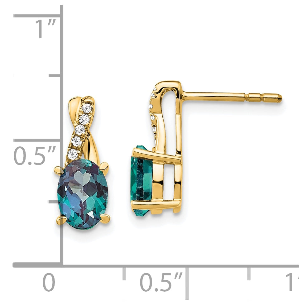 14K Yellow Gold Created Alexandrite and Diamond Earrings