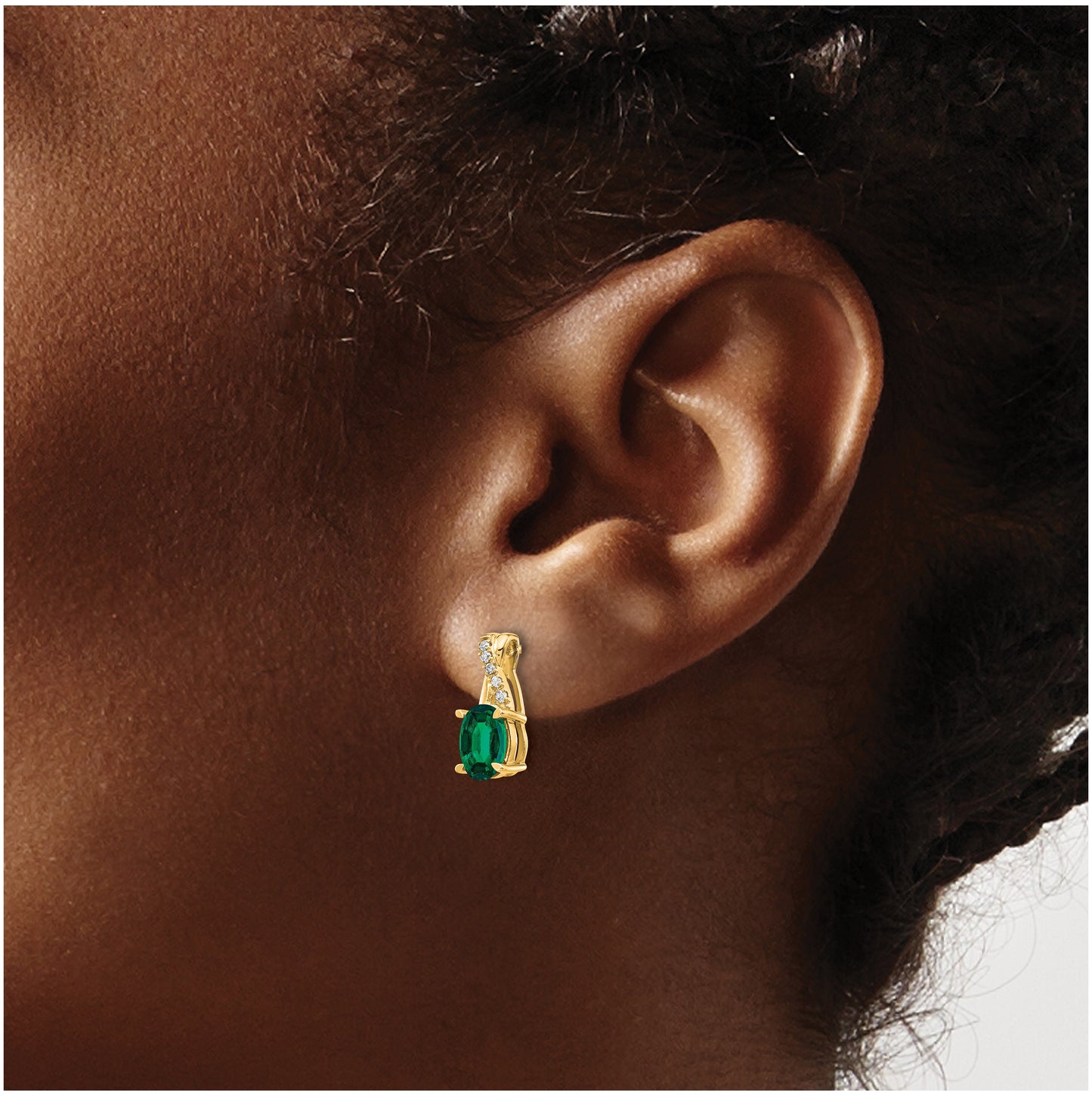 14K Yellow Gold Created Emerald and Diamond Earrings
