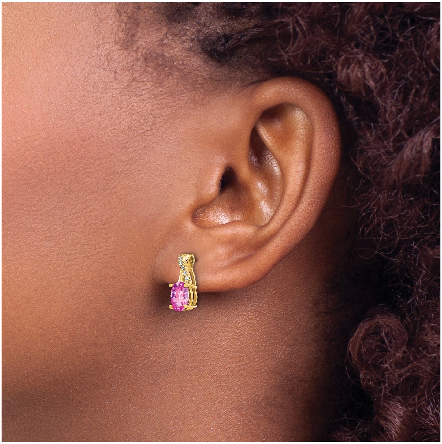 10K Yellow Gold Created Pink Sapphire and Diamond Earrings