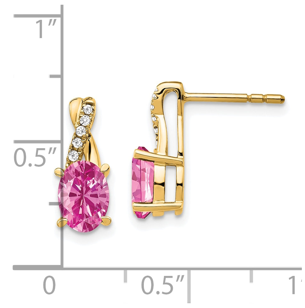 10K Yellow Gold Created Pink Sapphire and Diamond Earrings
