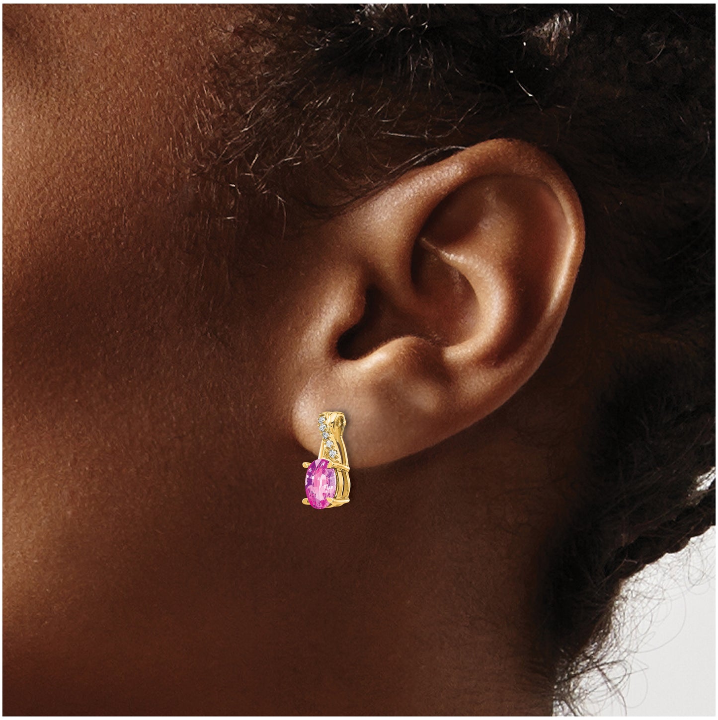 14K Yellow Gold Created Pink Sapphire and Diamond Earrings