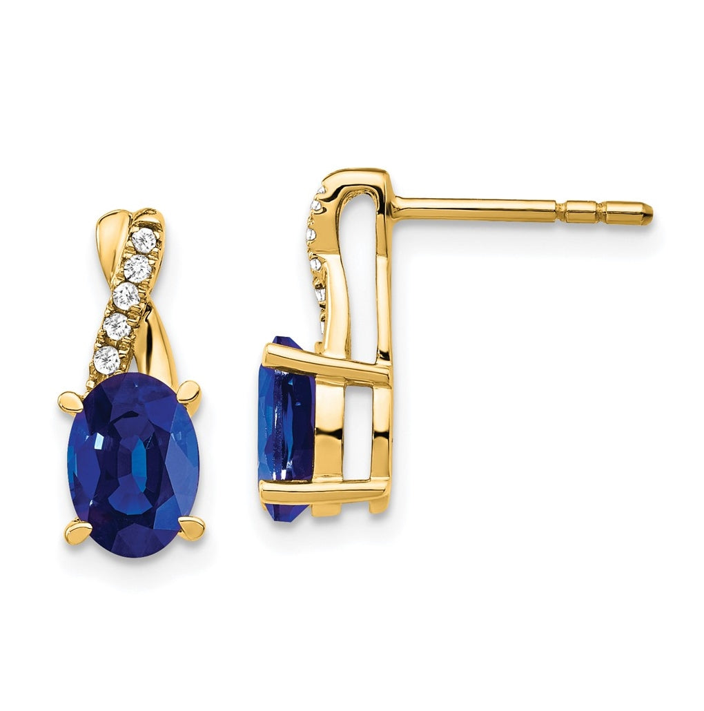 14K Yellow Gold Created Sapphire and Diamond Earrings
