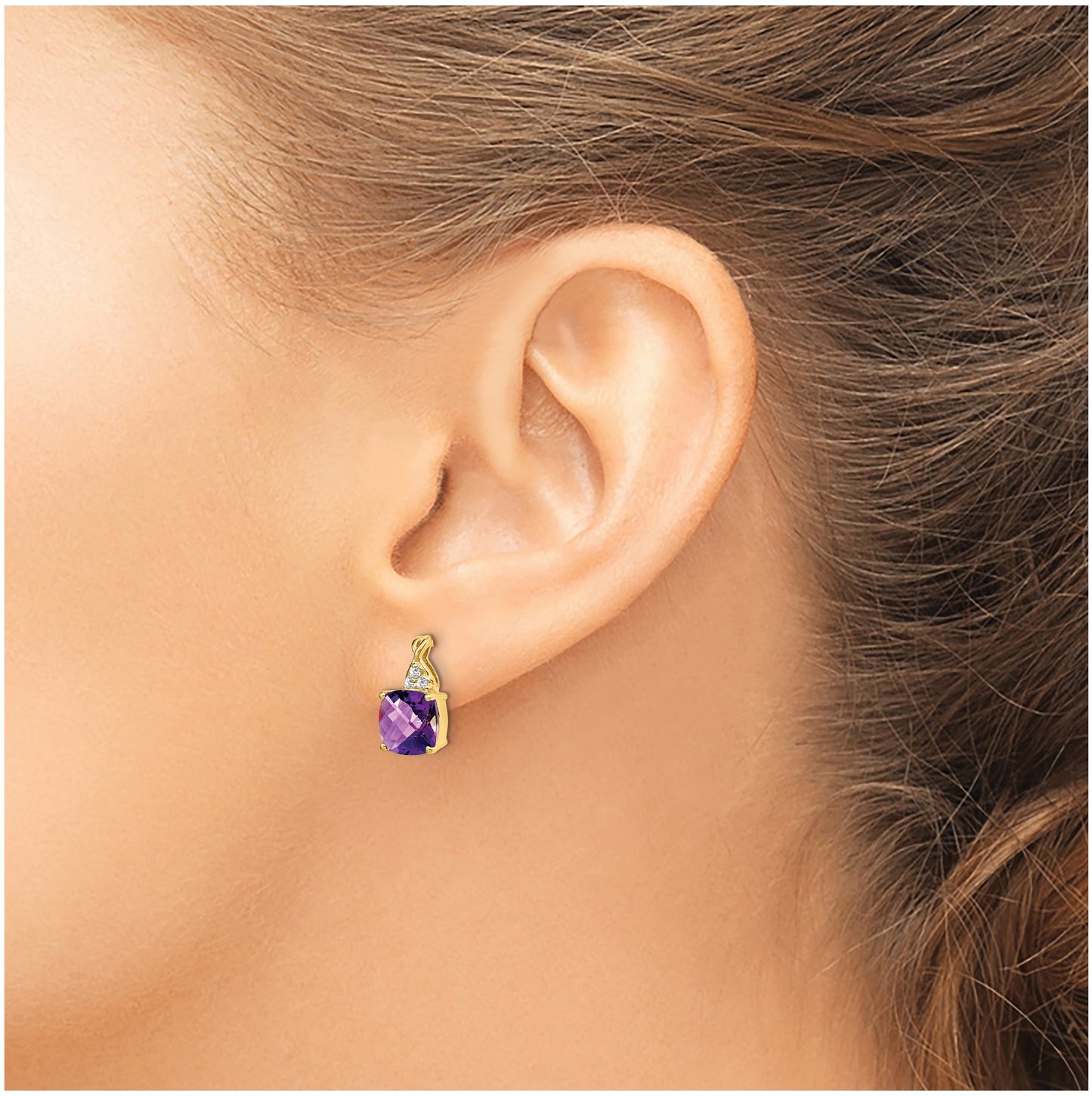 14K Yellow Gold Checkerboard Amethyst and Diamond Earrings