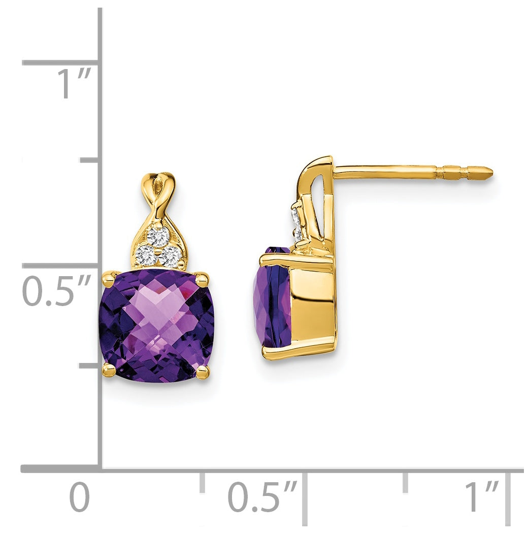 14K Yellow Gold Checkerboard Amethyst and Diamond Earrings