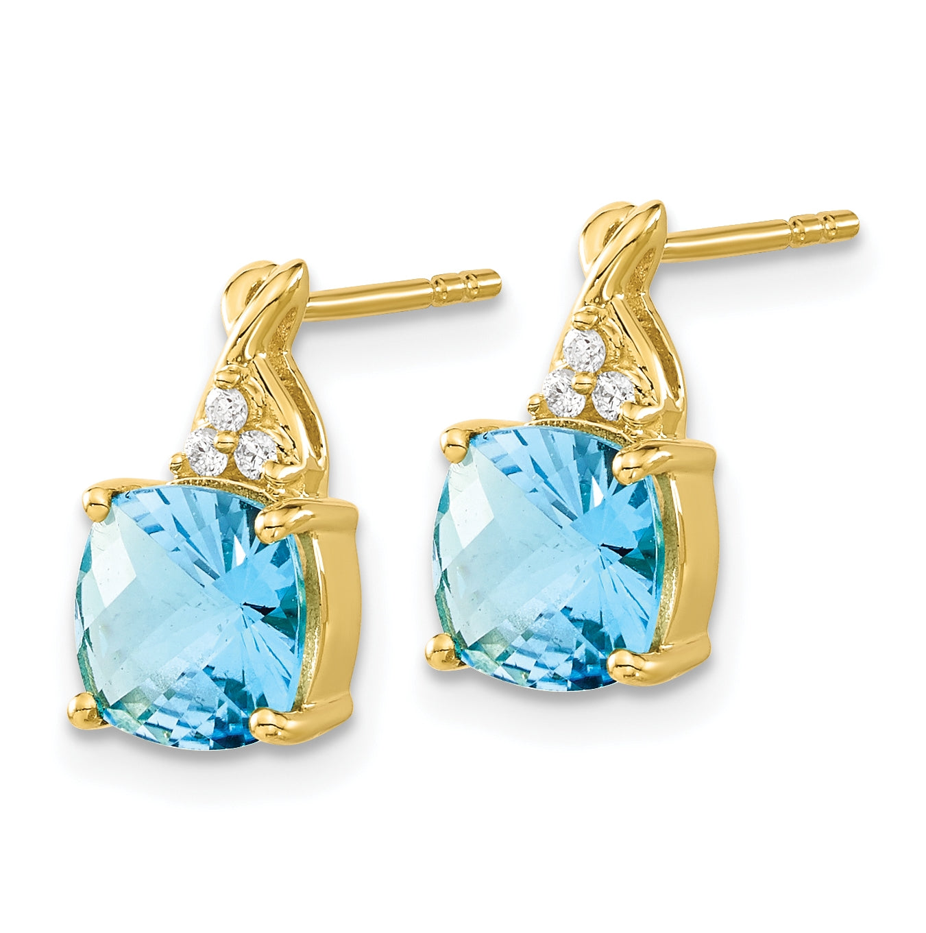 10K Yellow Gold Checkerboard Blue Topaz and Diamond Earrings