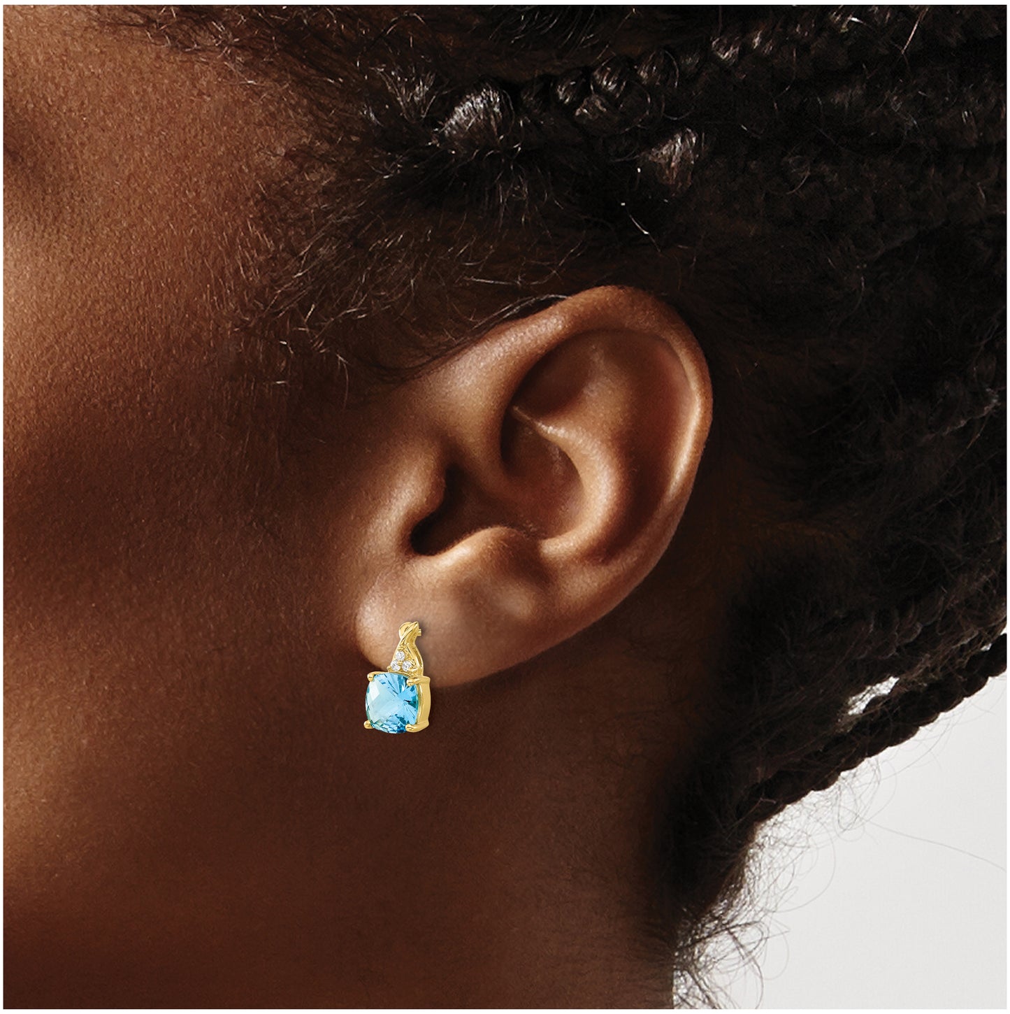 10K Yellow Gold Checkerboard Blue Topaz and Diamond Earrings