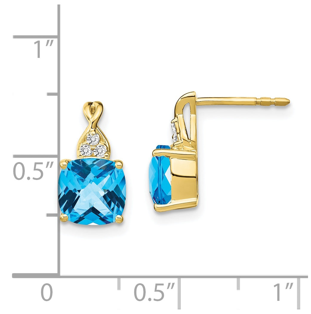 10K Yellow Gold Checkerboard Blue Topaz and Diamond Earrings