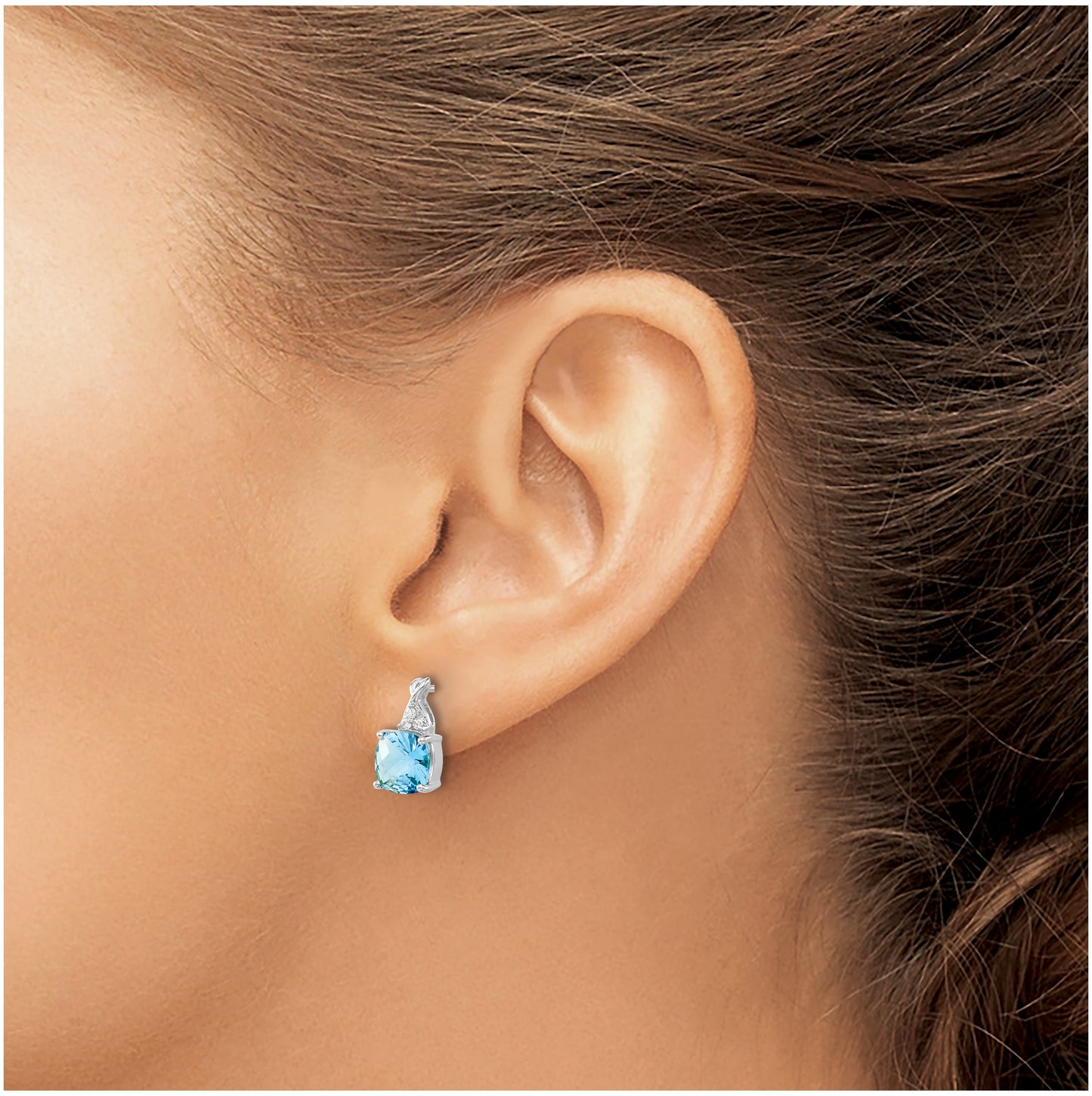 14K White Gold Checkerboard Blue Topaz and Diamond Earrings
