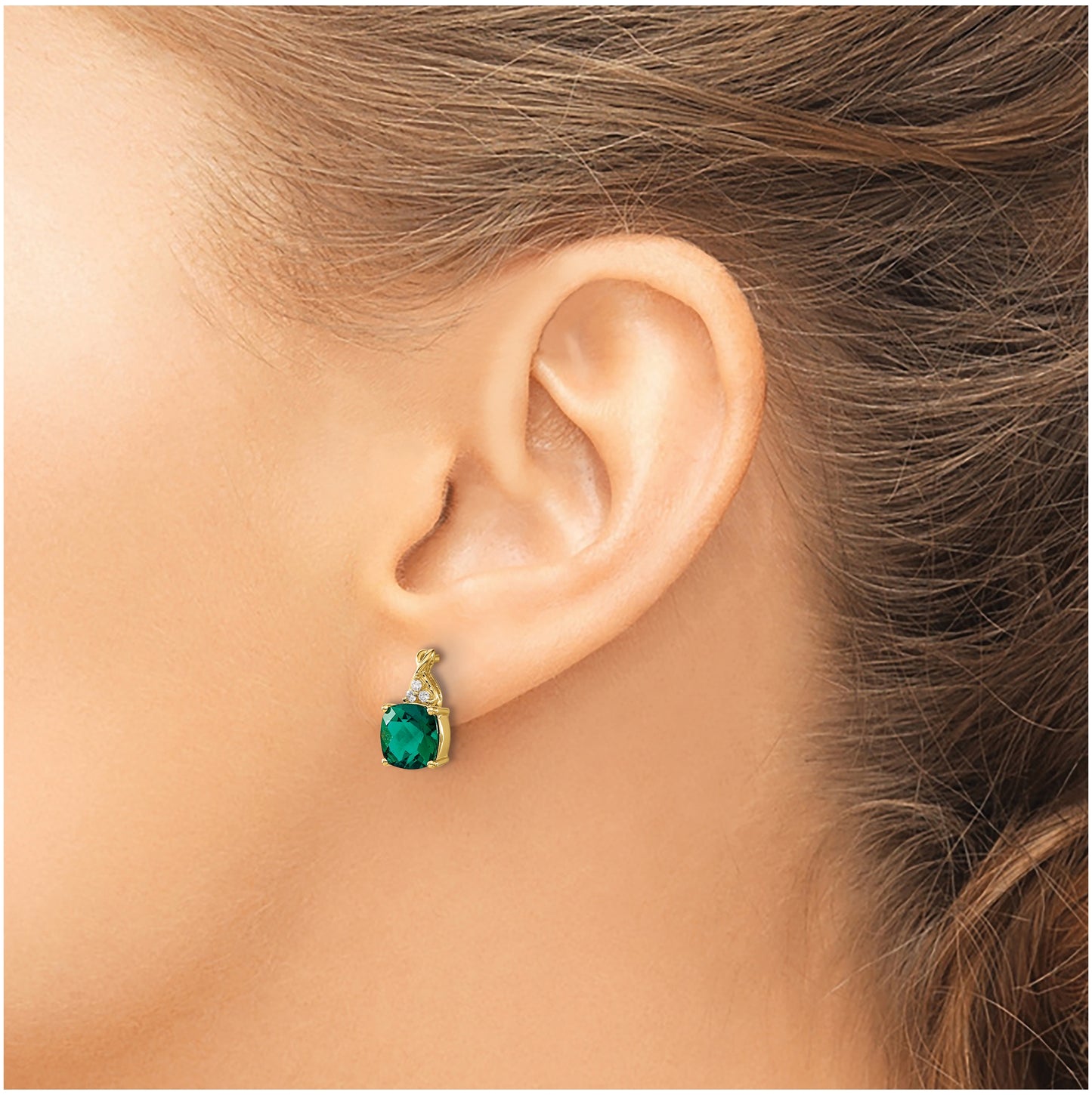 10K Yellow Gold Checkerboard Created Emerald and Diamond Earrings