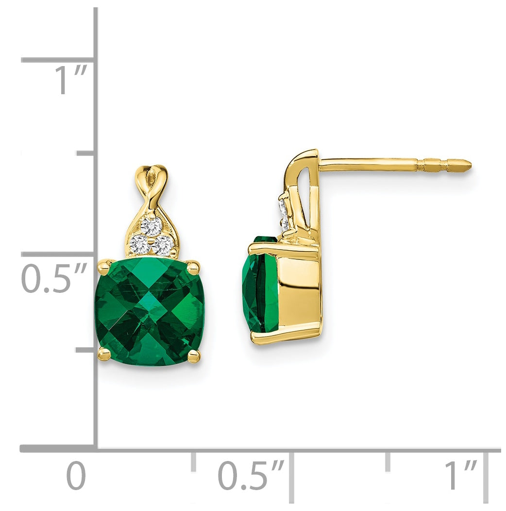 10K Yellow Gold Checkerboard Created Emerald and Diamond Earrings