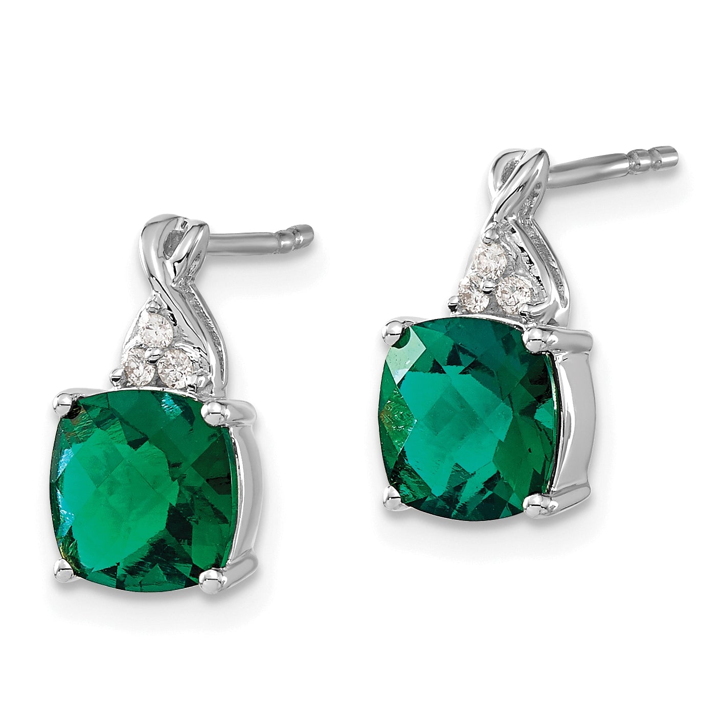 14K White Gold Checkerboard Created Emerald and Diamond Earrings