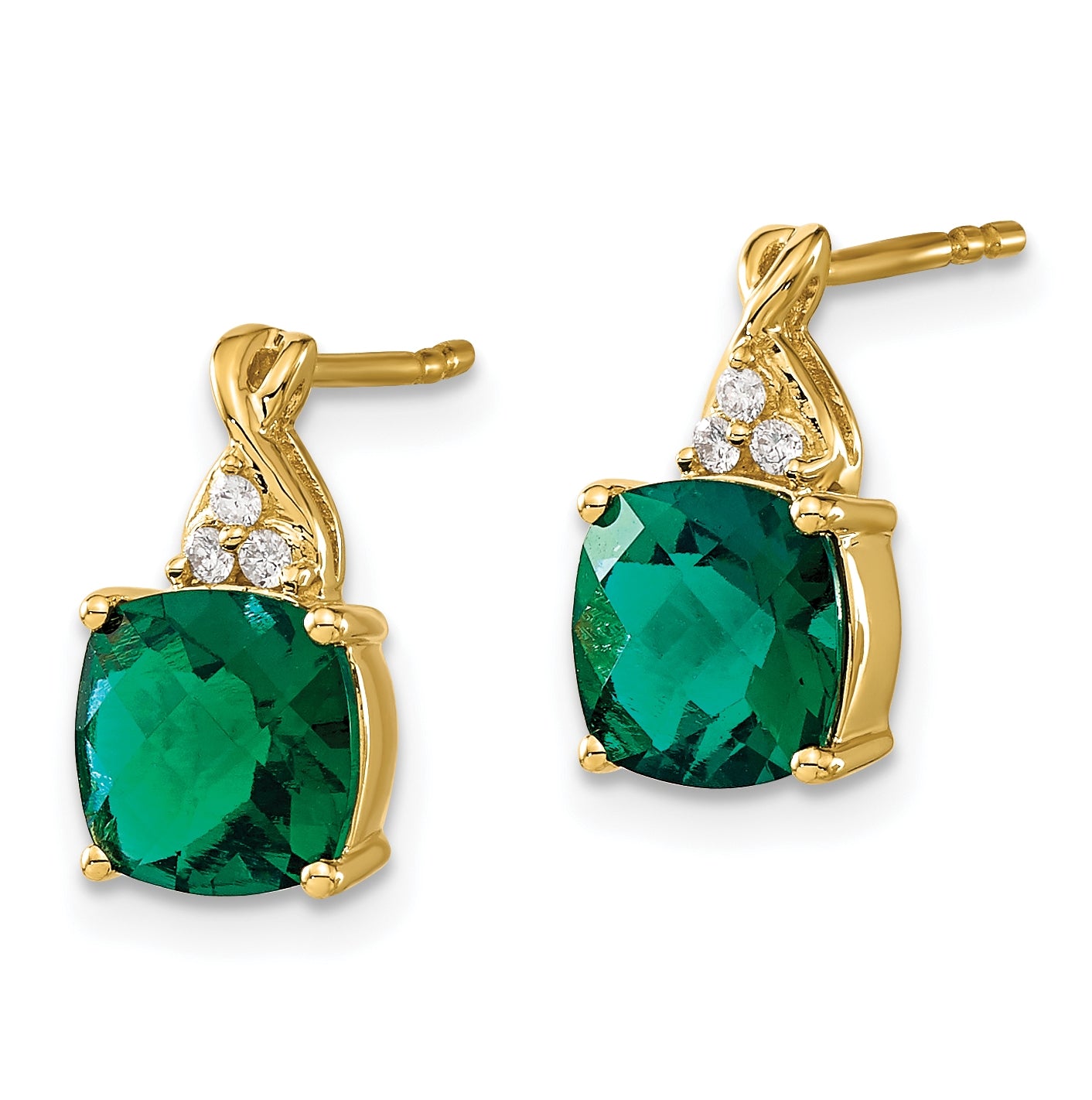 14K Yellow Gold Checkerboard Created Emerald and Diamond Earrings