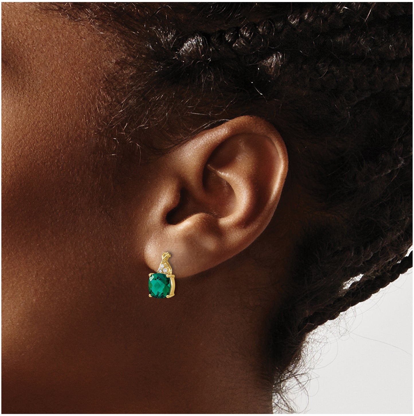 14K Yellow Gold Checkerboard Created Emerald and Diamond Earrings