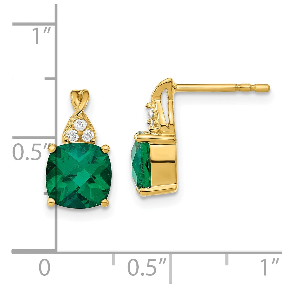 14K Yellow Gold Checkerboard Created Emerald and Diamond Earrings