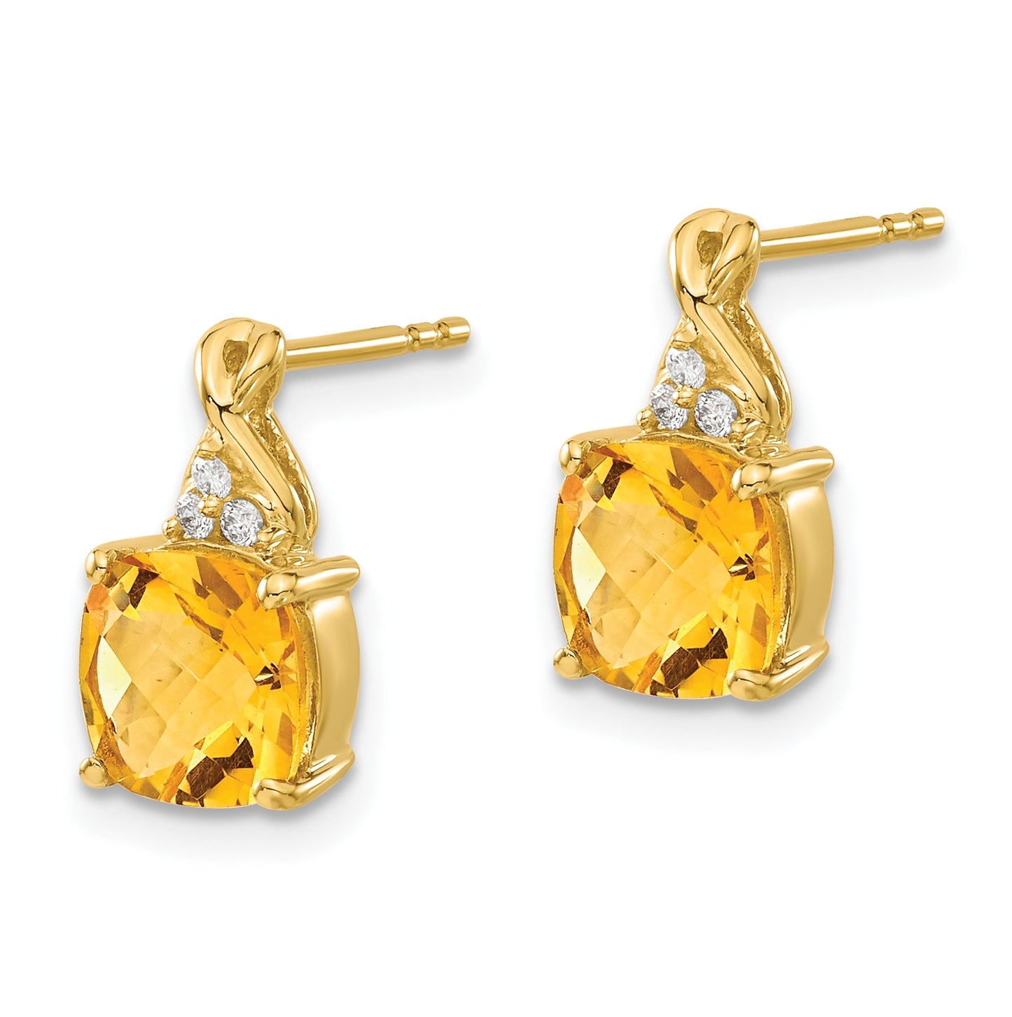 14K Yellow Gold Checkerboard Citrine and Diamond Earrings