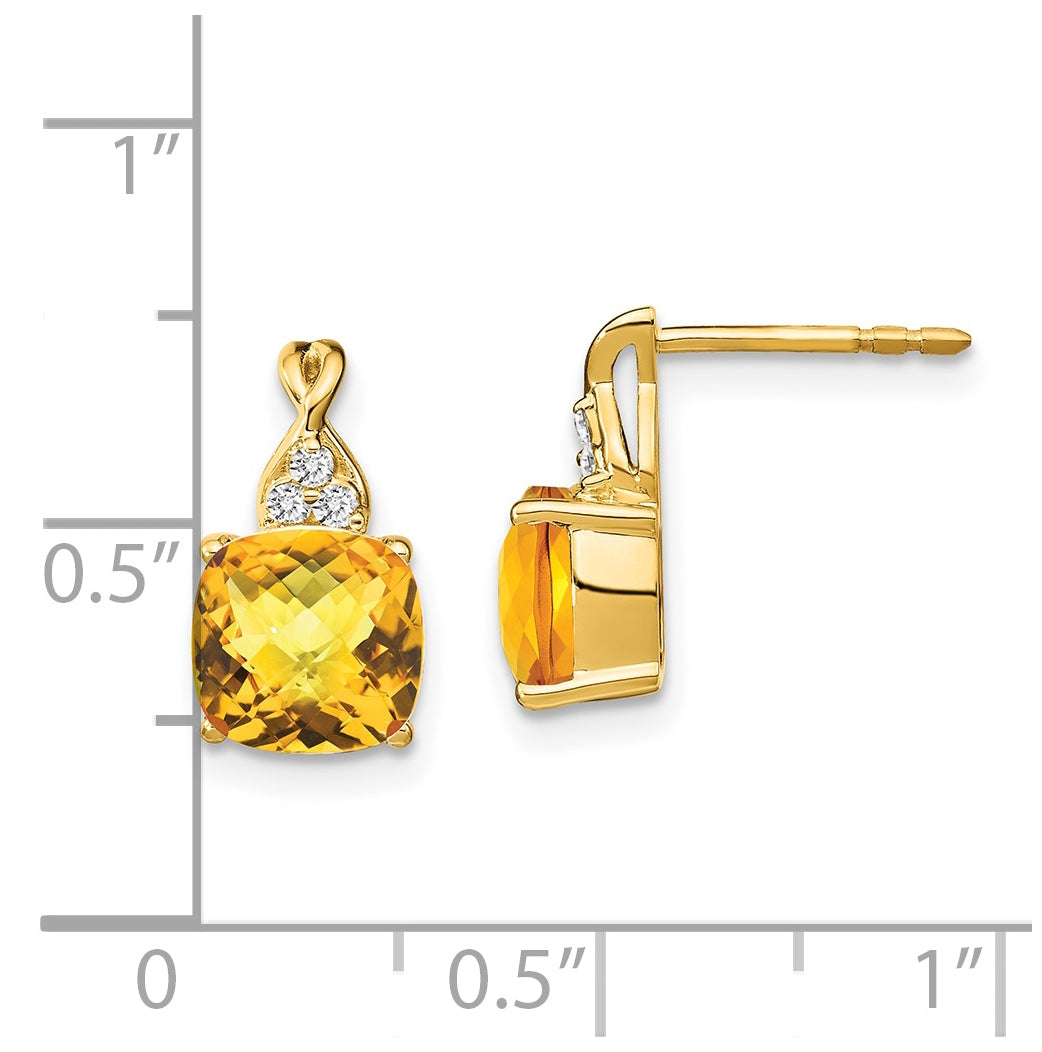 14K Yellow Gold Checkerboard Citrine and Diamond Earrings