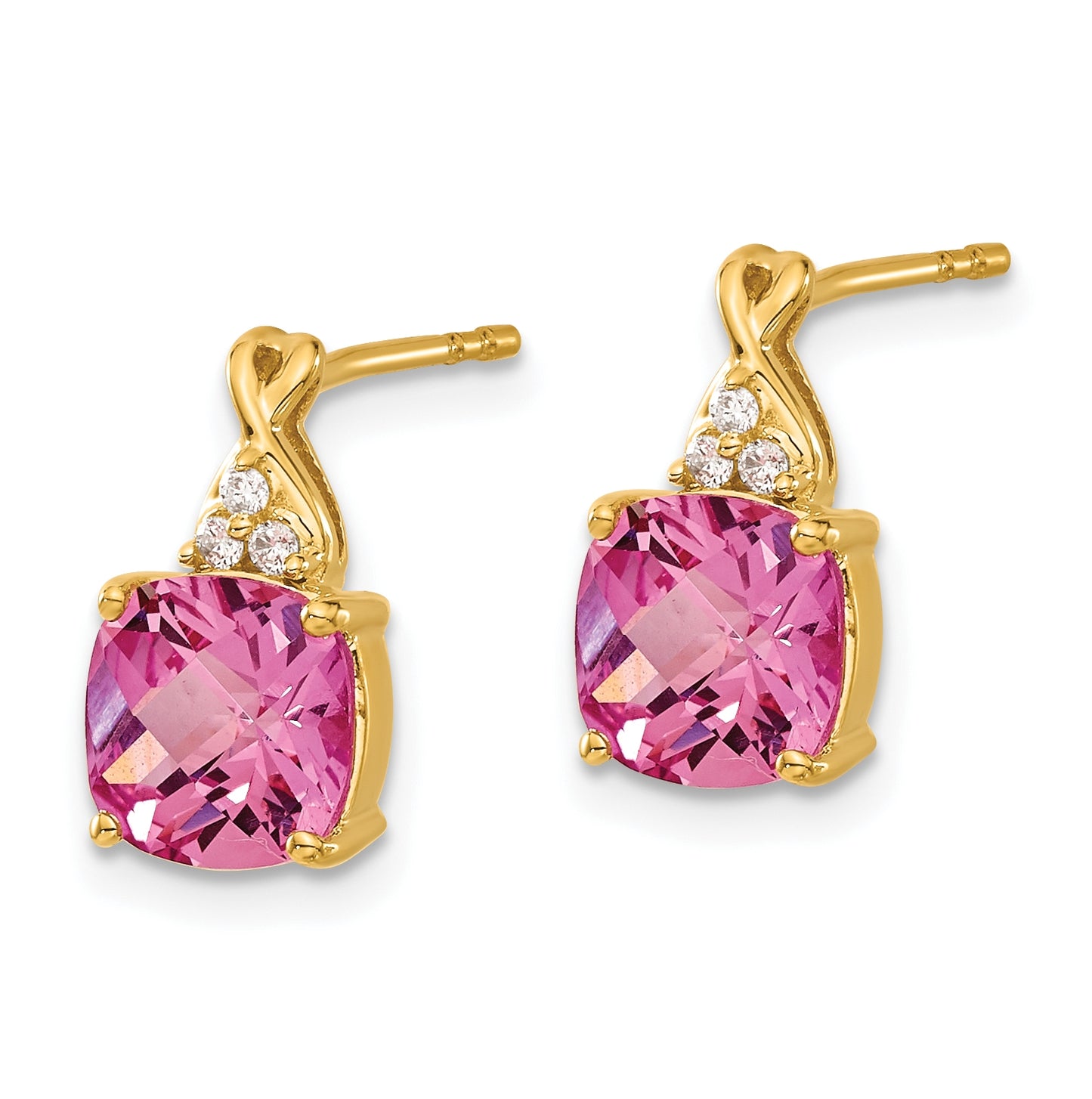 10K Yellow Gold Checkerboard Created Pink Sapphire and Diamond Earrings