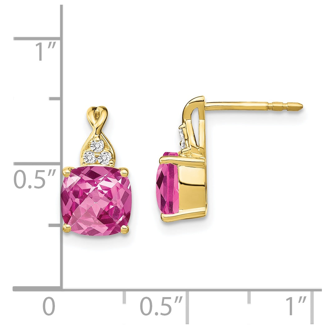 10K Yellow Gold Checkerboard Created Pink Sapphire and Diamond Earrings