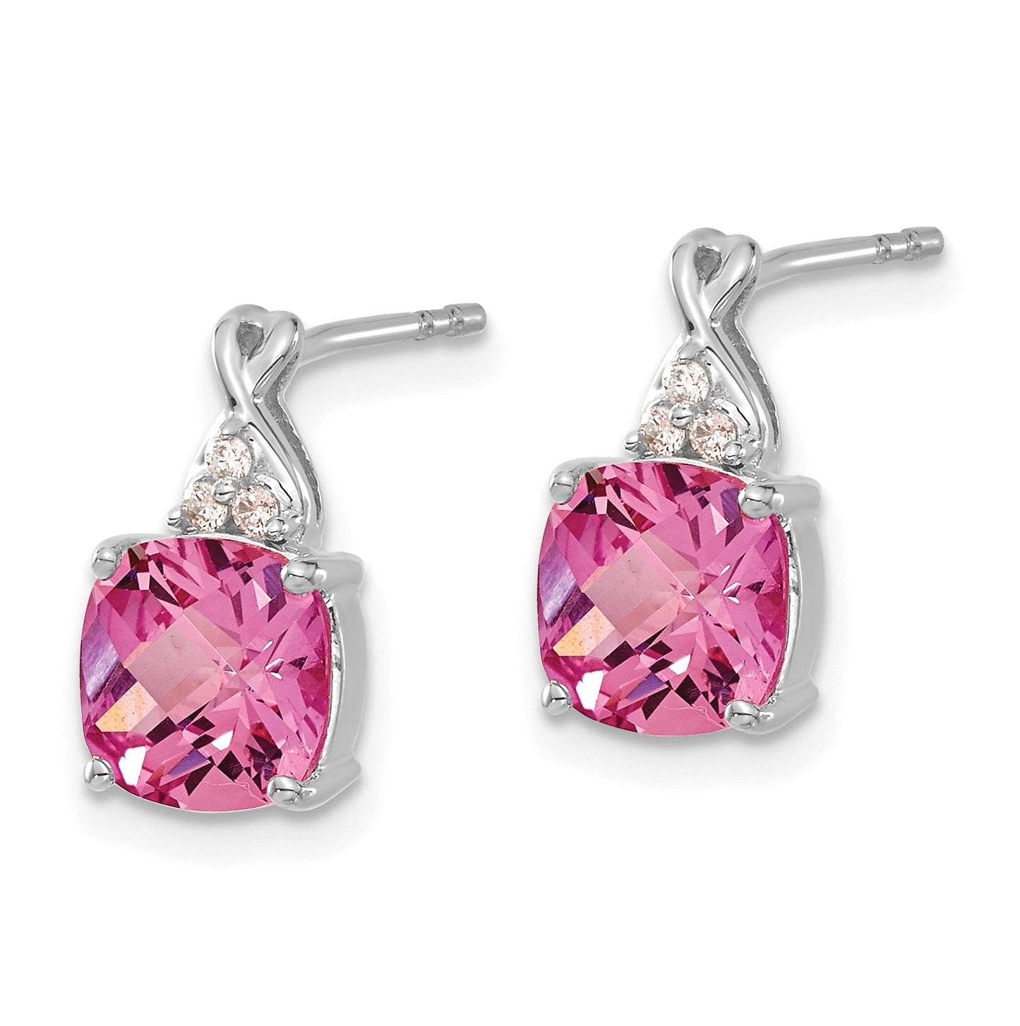 14K White Gold Checkerboard Created Pink Sapphire and Diamond Earrings