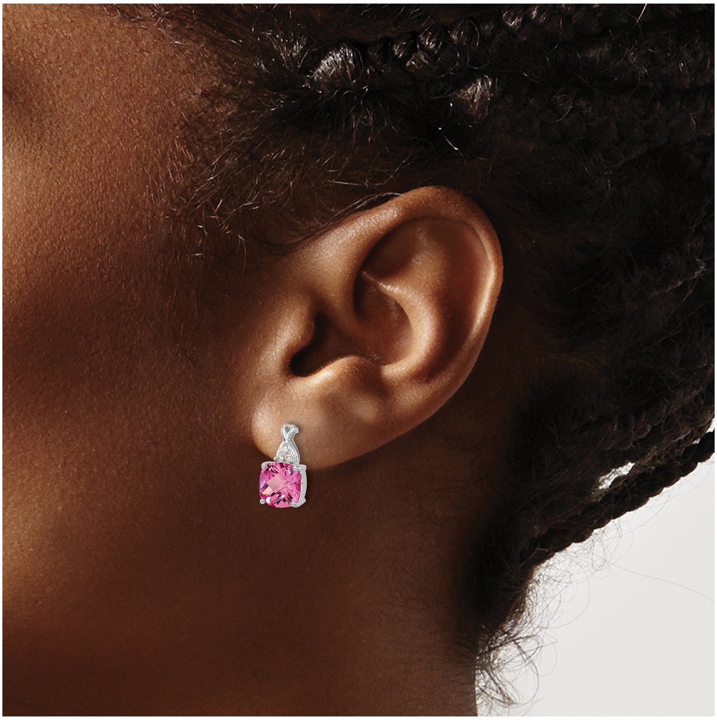 14K White Gold Checkerboard Created Pink Sapphire and Diamond Earrings