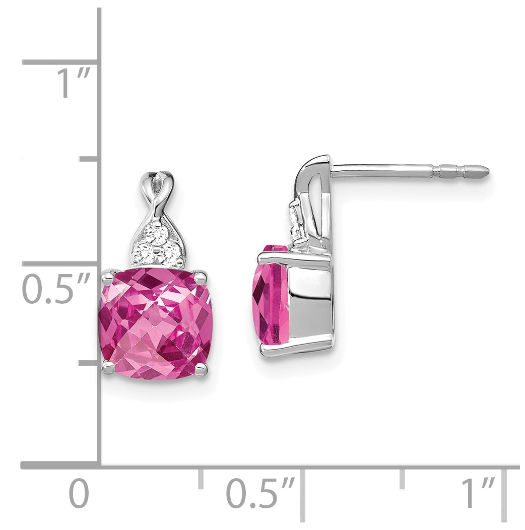 14K White Gold Checkerboard Created Pink Sapphire and Diamond Earrings