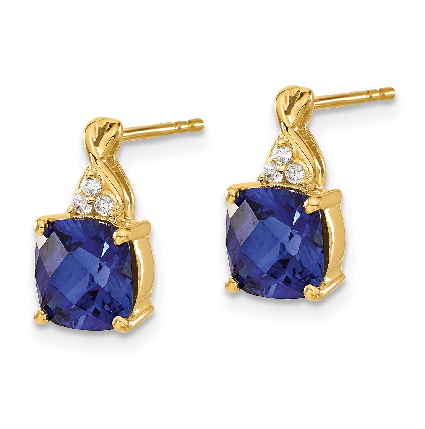 10K Yellow Gold Checkerboard Created Sapphire and Diamond Earrings