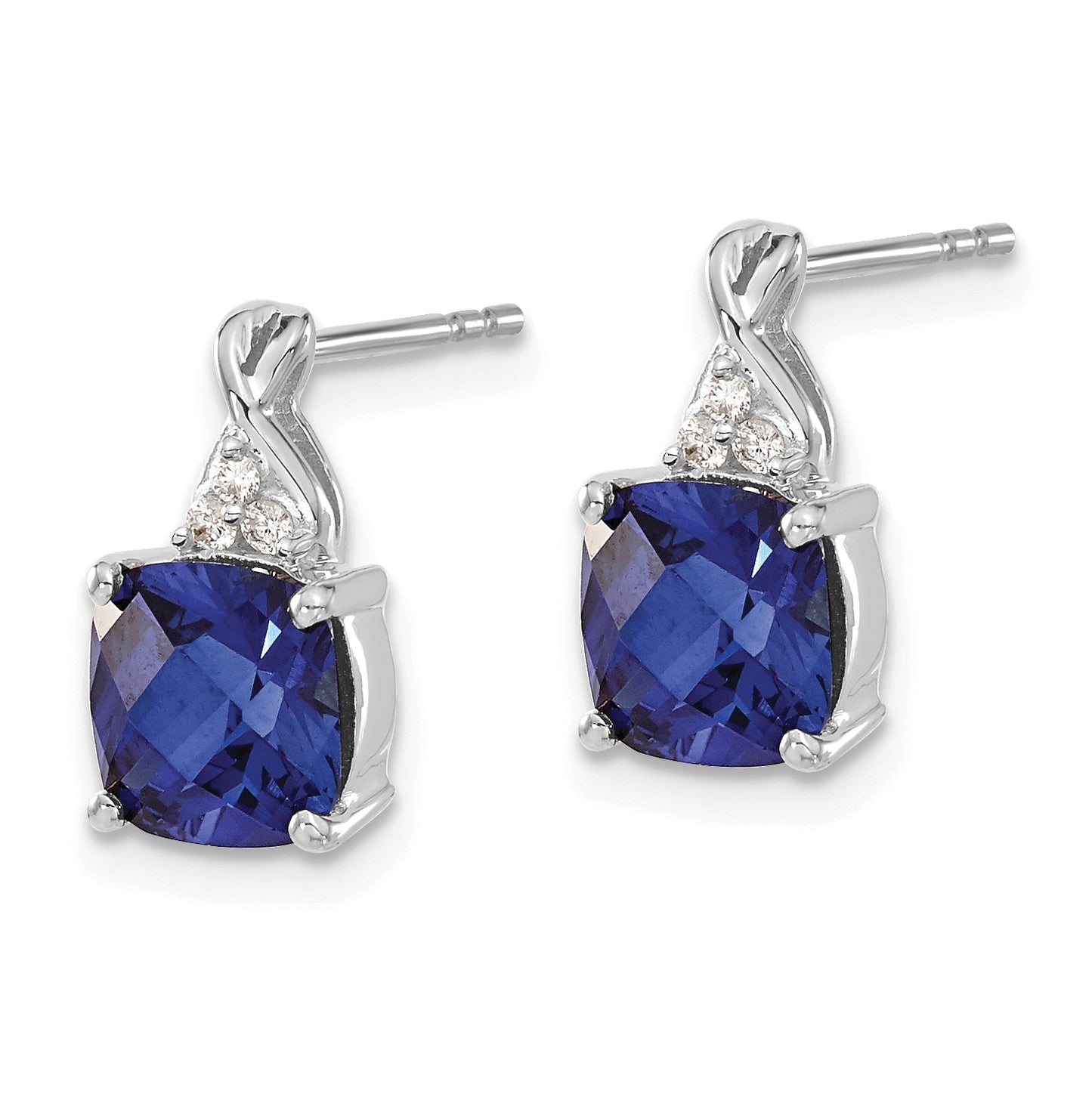 14K White Gold Checkerboard Created Sapphire and Diamond Earrings
