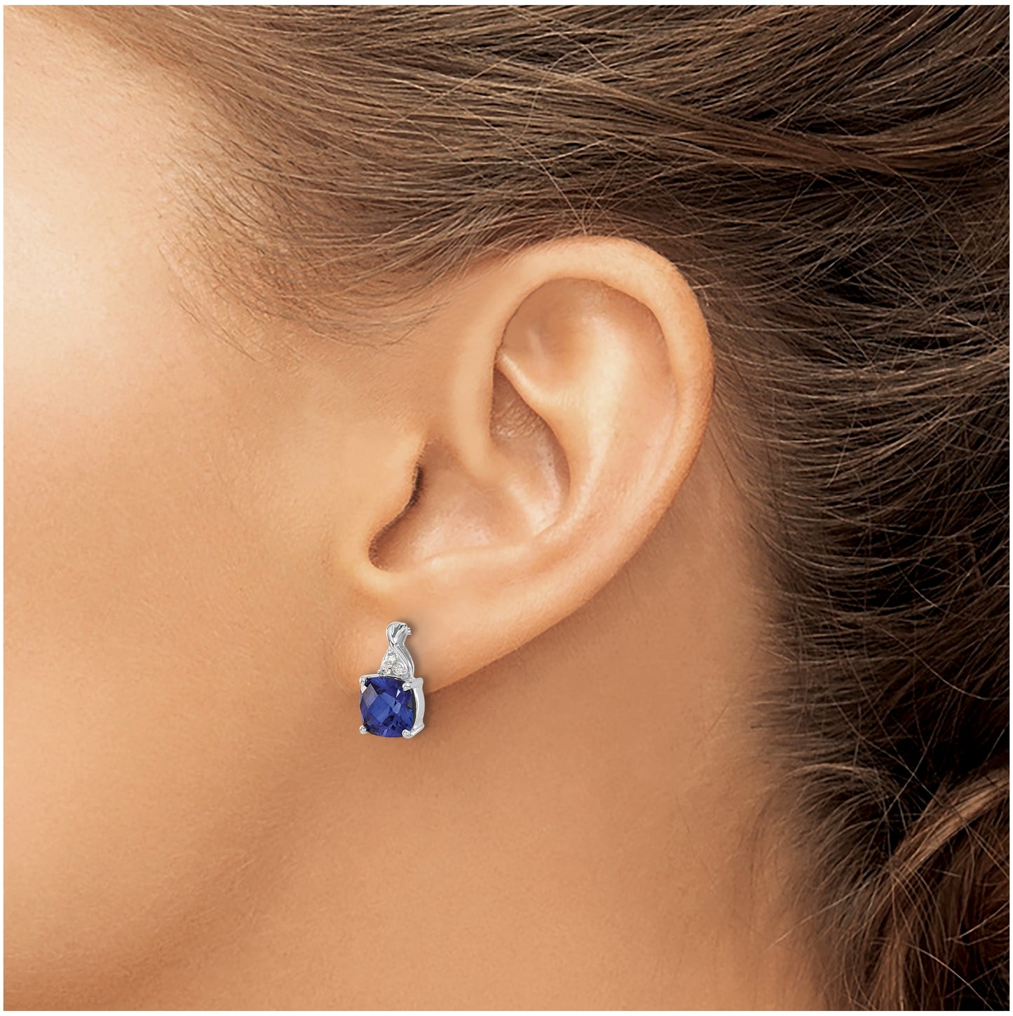 14K White Gold Checkerboard Created Sapphire and Diamond Earrings