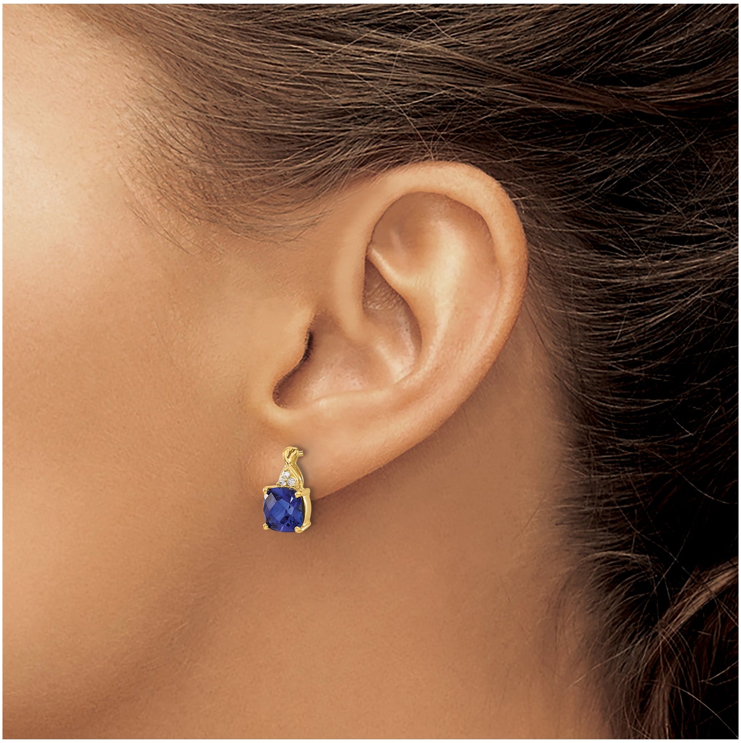 14K Yellow Gold Checkerboard Created Sapphire and Diamond Earrings