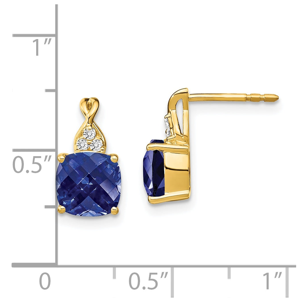 14K Yellow Gold Checkerboard Created Sapphire and Diamond Earrings