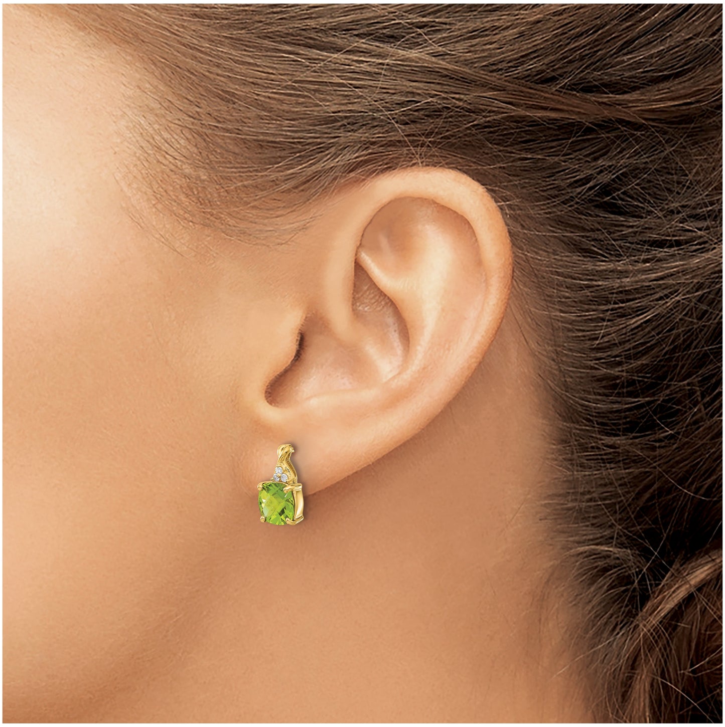 10K Yellow Gold Checkerboard Peridot and Diamond Earrings