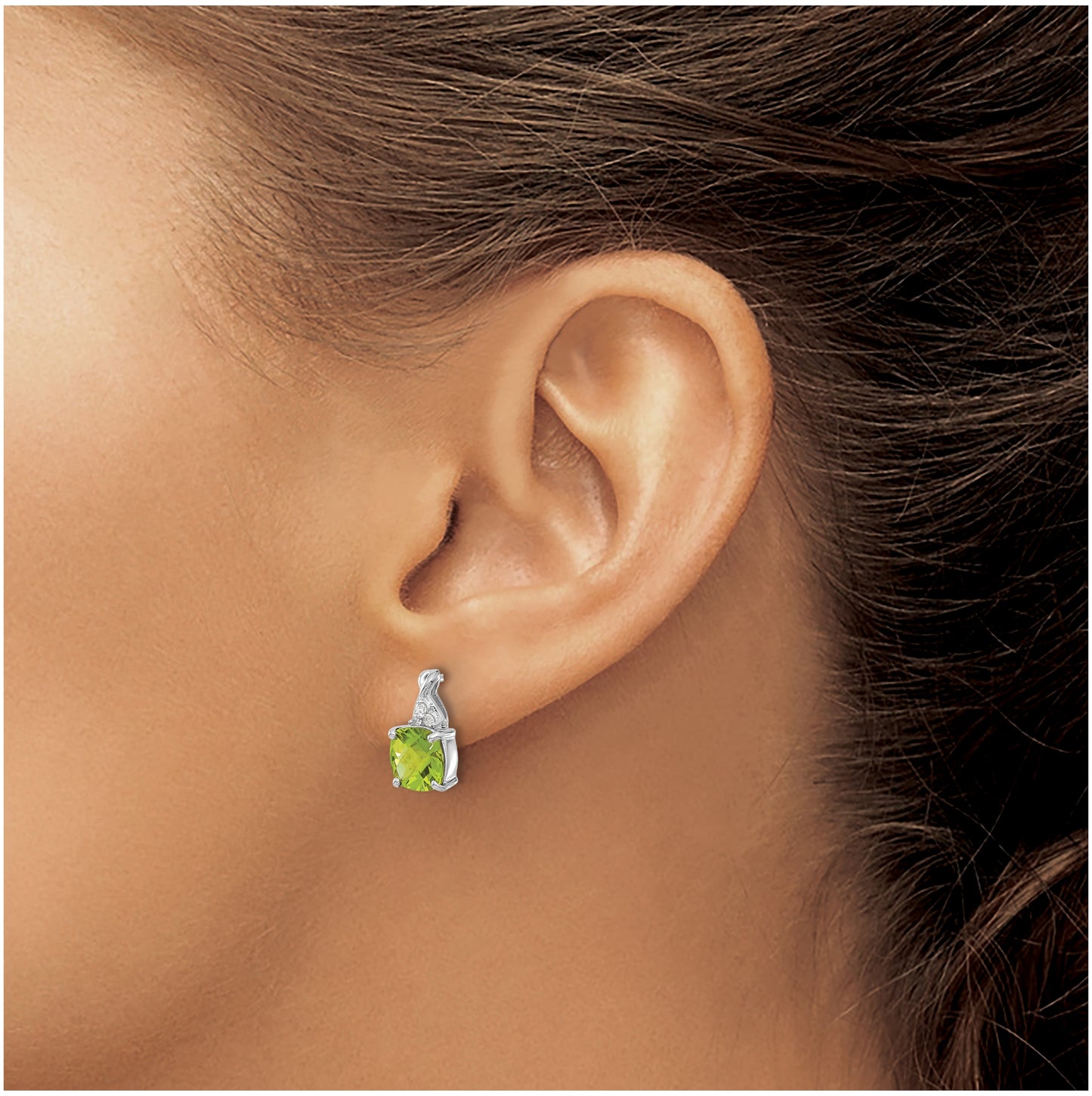 14K White Gold Checkerboard Peridot and Diamond Earrings