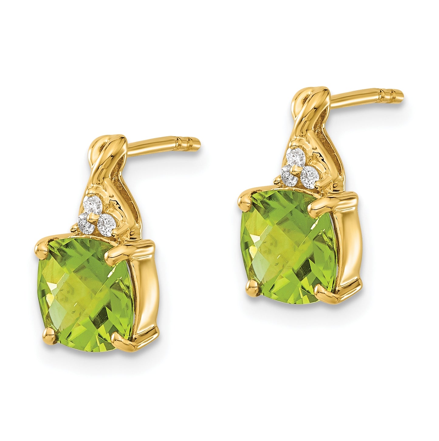 14K Yellow Gold Checkerboard Peridot and Diamond Earrings
