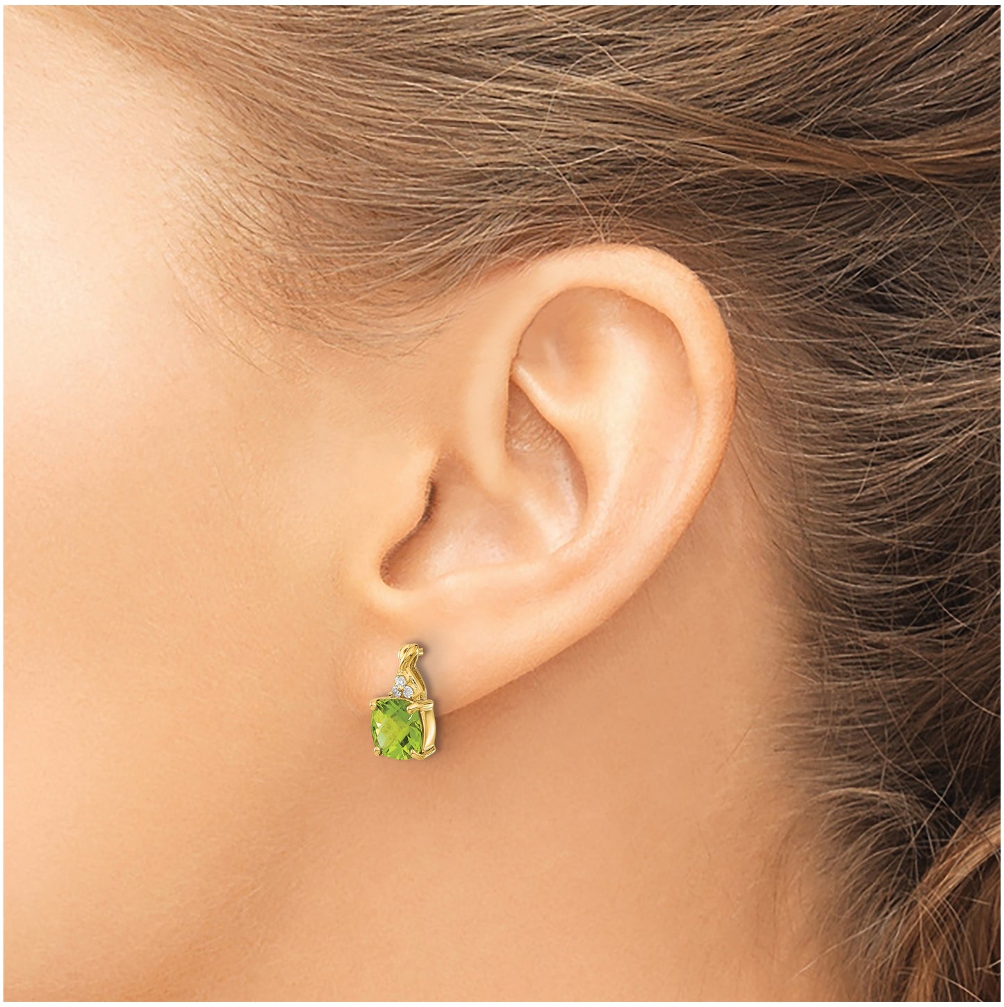 14K Yellow Gold Checkerboard Peridot and Diamond Earrings