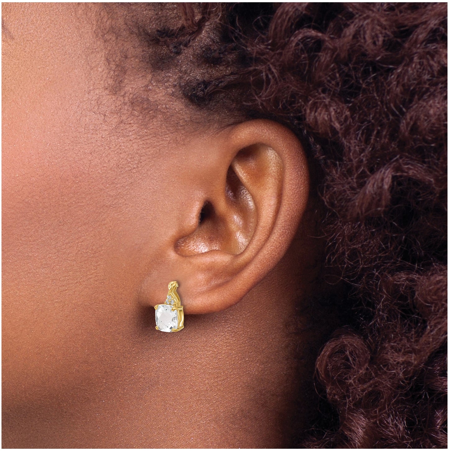 10K Yellow Gold Checkerboard White Topaz and Diamond Earrings