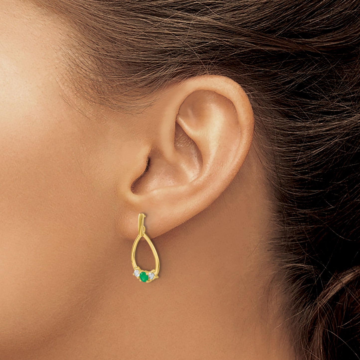 14K Yellow Gold Lab Grown VS/SI FGH Dia and Created Emerald Post Dangle Earrings
