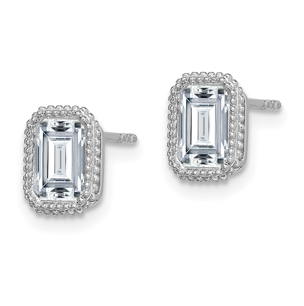 14k White Gold Emerald Beaded Bezel Earring G H I True Light Moissanite, 7.9mm