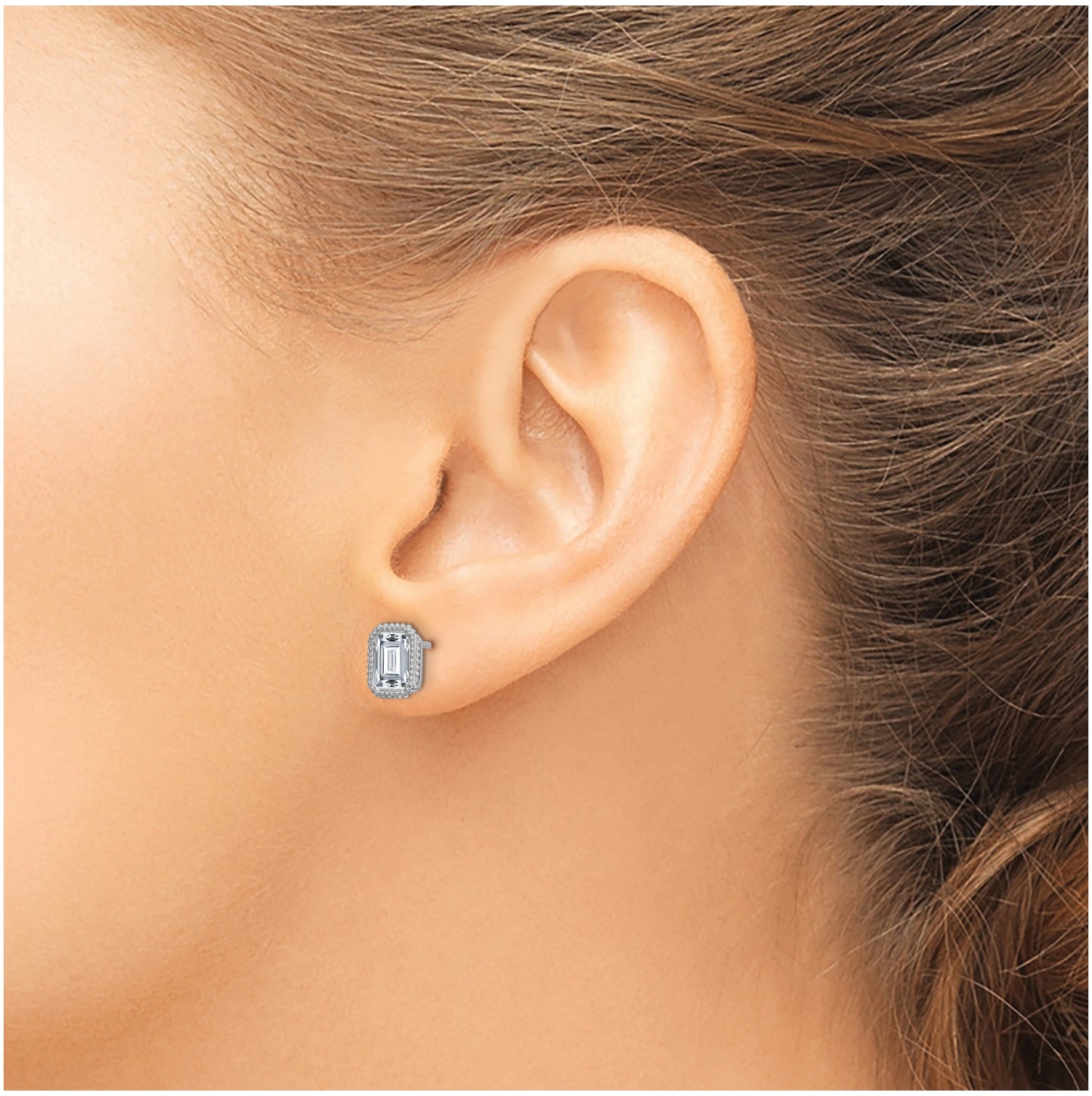 14k White Gold Emerald Beaded Bezel Earring G H I True Light Moissanite, 7.9mm