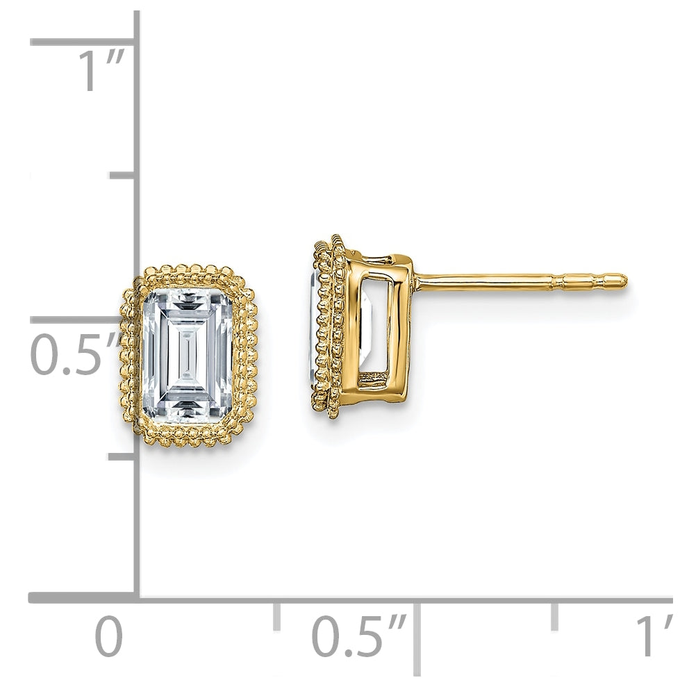 14k Yellow Gold Emerald Beaded Bezel Earring G H I True Light Moissanite, 7.9mm