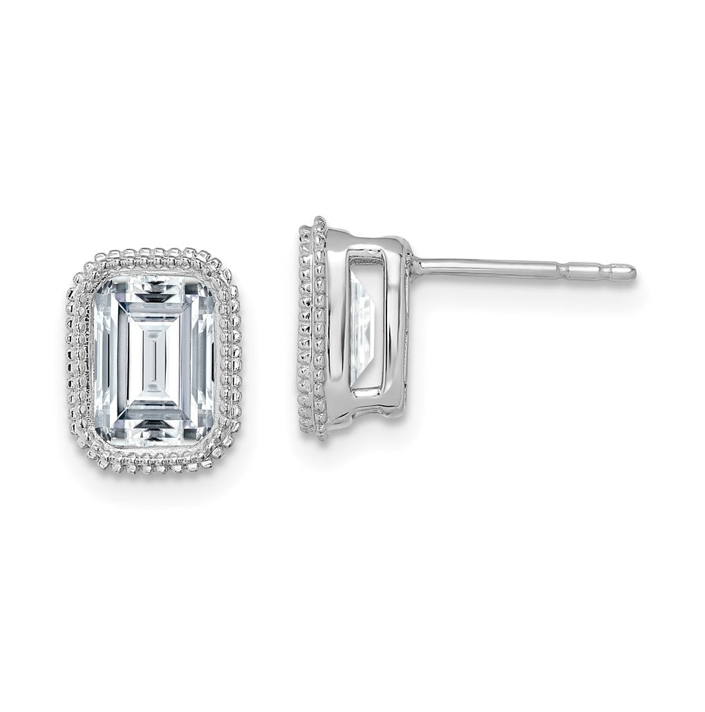 14k White Gold Emerald Beaded Bezel Earring G H I True Light Moissanite, 9.3mm
