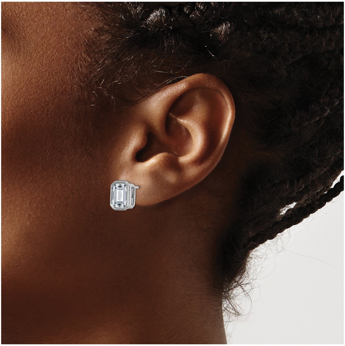 14k White Gold Emerald Beaded Bezel Earring G H I True Light Moissanite, 10.1mm