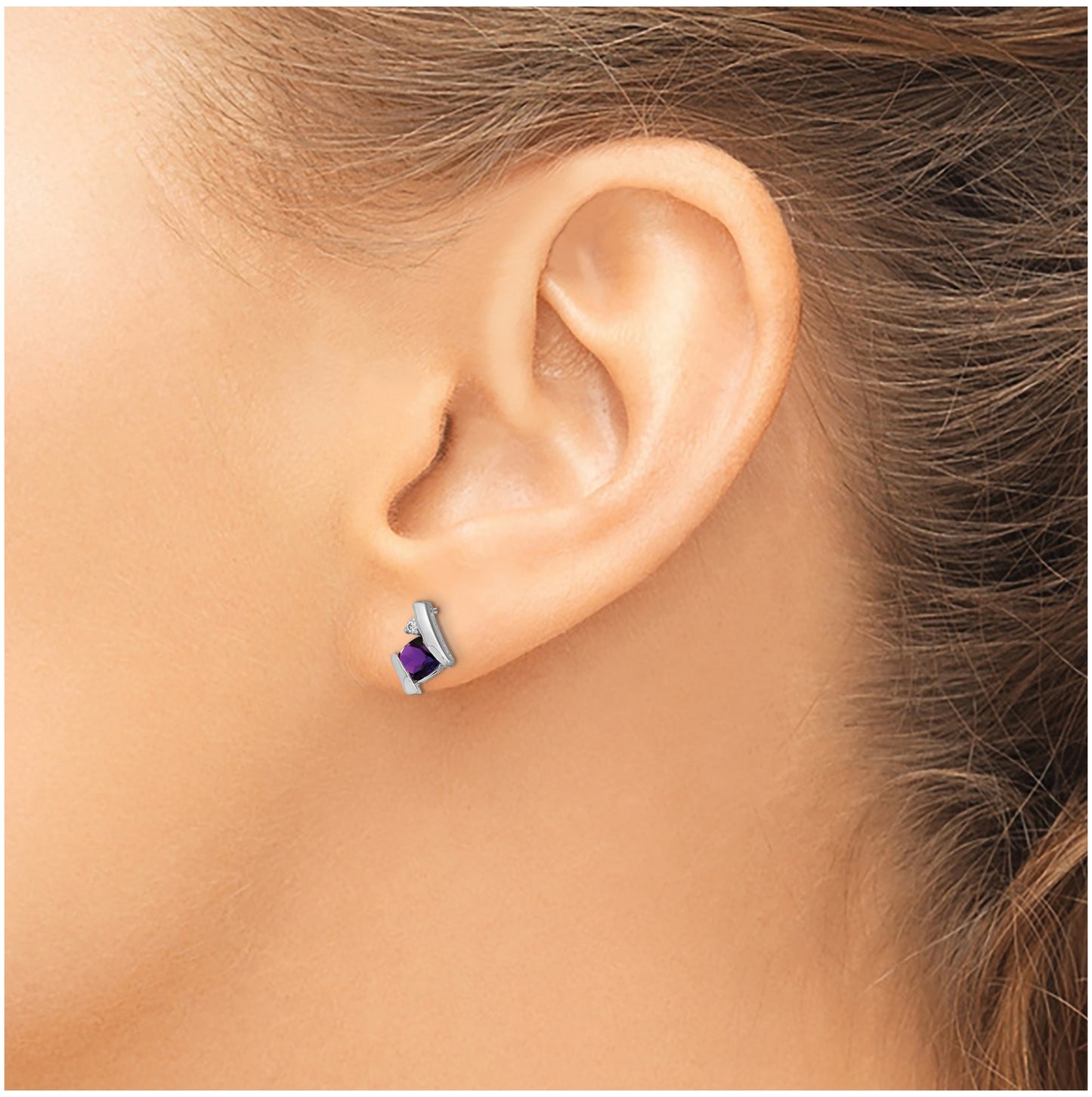 10k White Gold Cushion Amethyst and Diamond Earrings