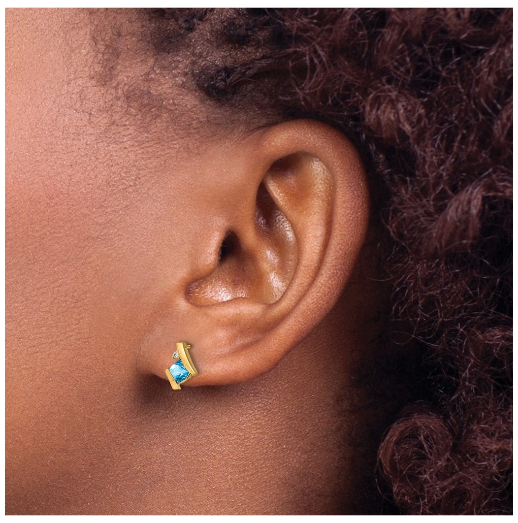 10k Yellow Gold Cushion Blue Topaz and Diamond Earrings