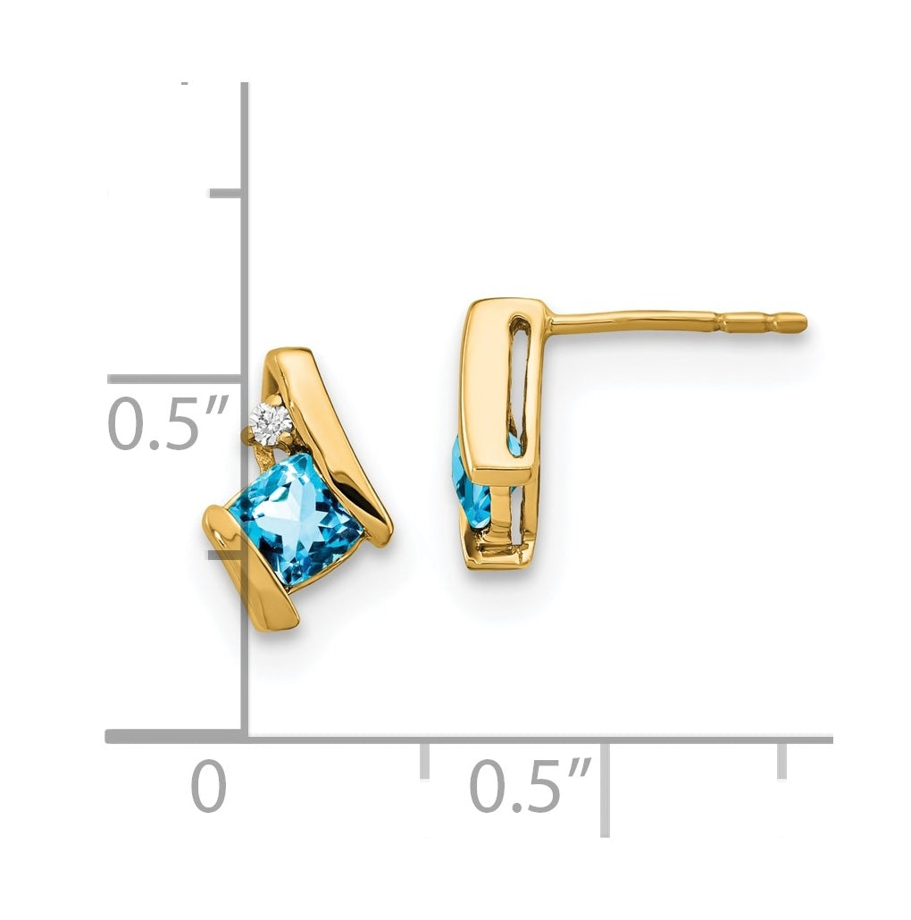 10k Yellow Gold Cushion Blue Topaz and Diamond Earrings