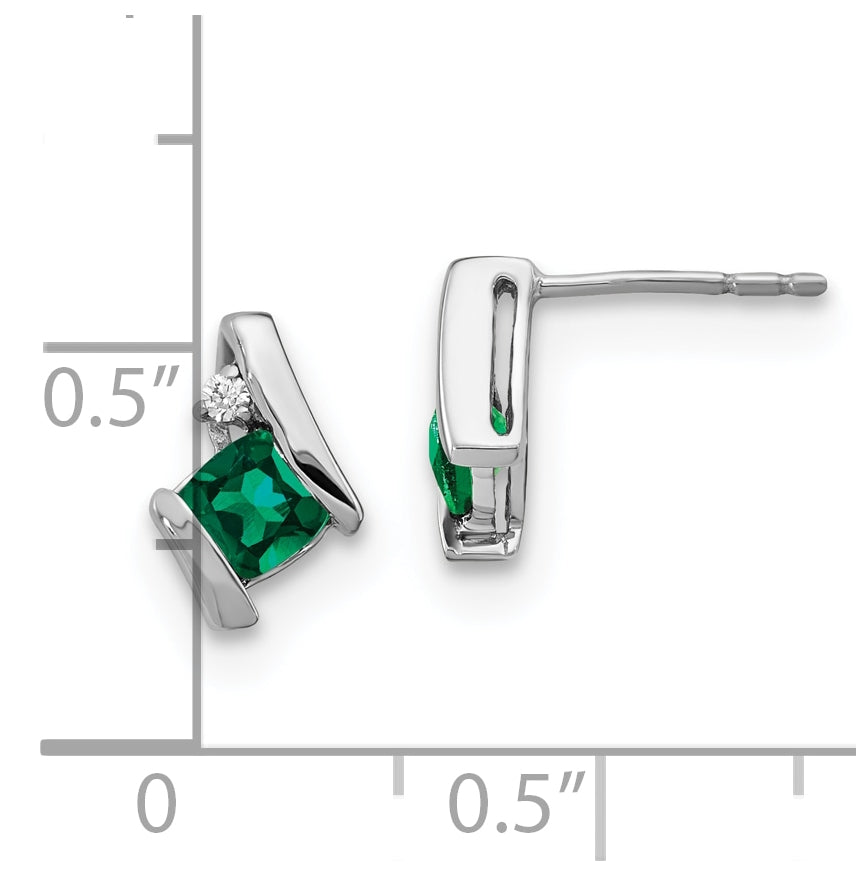 10k White Gold Cushion Cr. Emerald and Diamond Earrings