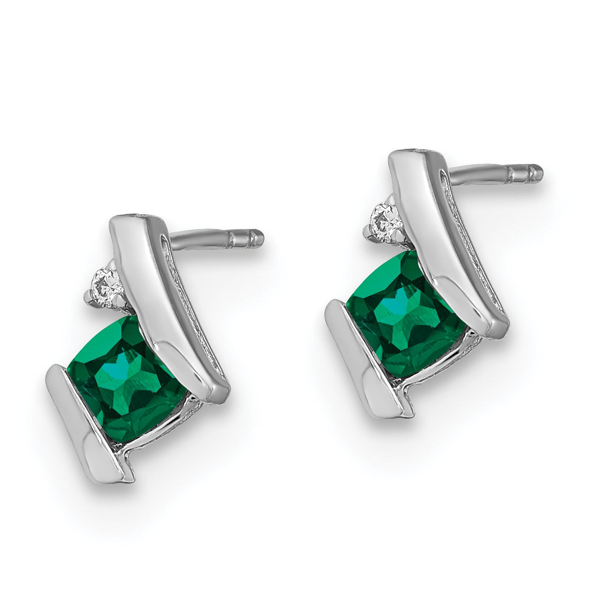Sterling Silver Antique Cushion Created Emerald and Diamond Earrings
