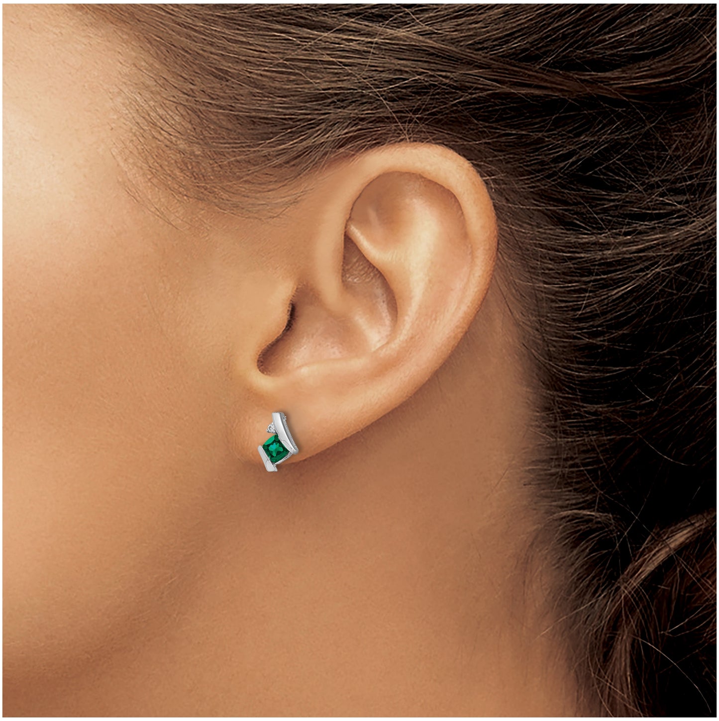 Sterling Silver Antique Cushion Created Emerald and Diamond Earrings